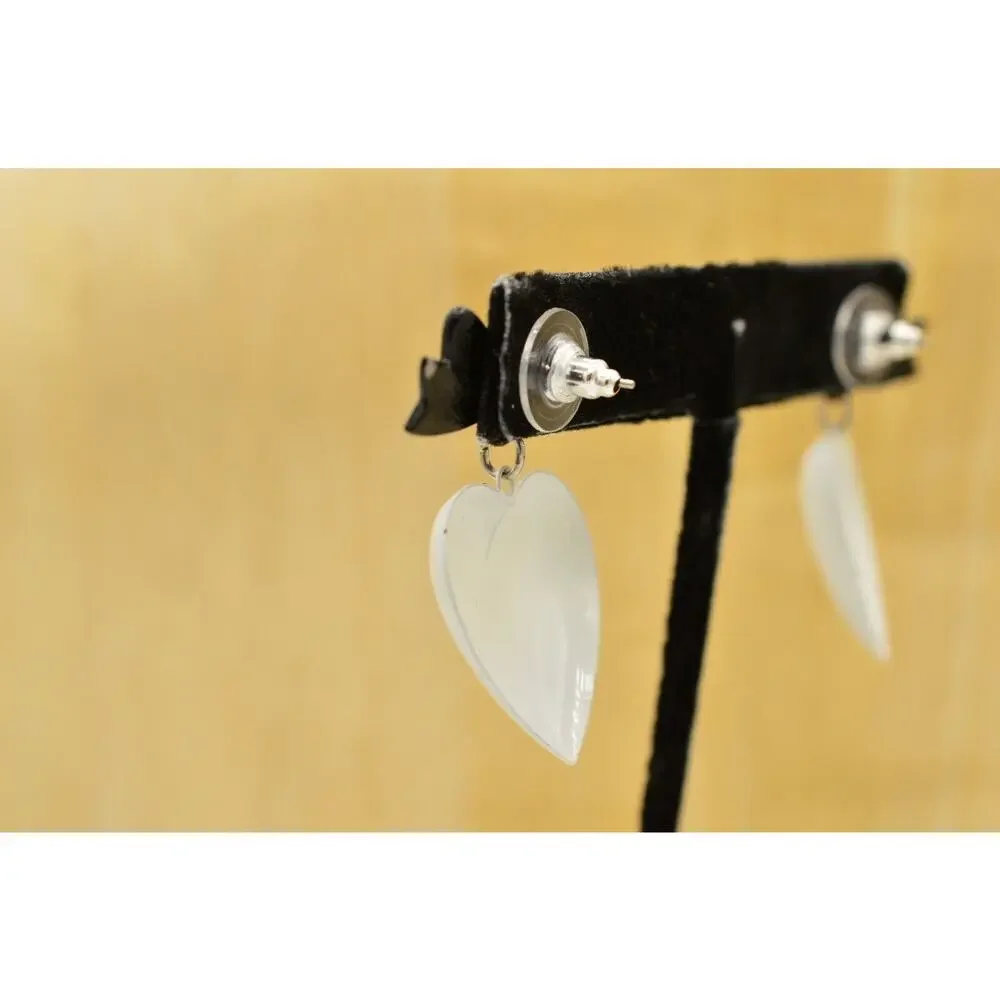 Vintage Heart Bow Dangle Earrings Black White Iridescent Cabochon NOS 1980s 9L